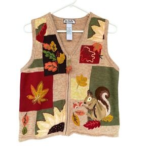 Tiara International Sweater Vest Women Large Tan Autumn Squirrel Leaves Zip Fall
